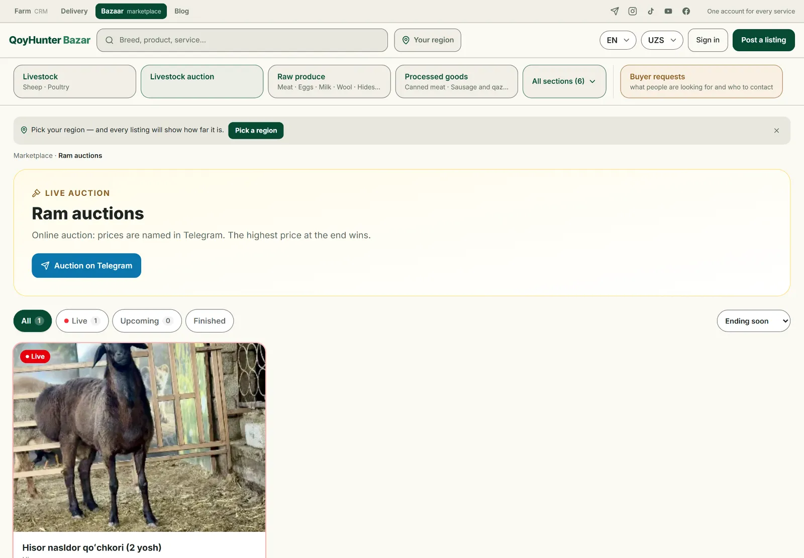 The ram auctions page on the QoyHunter marketplace: live bidding and a lot's starting price