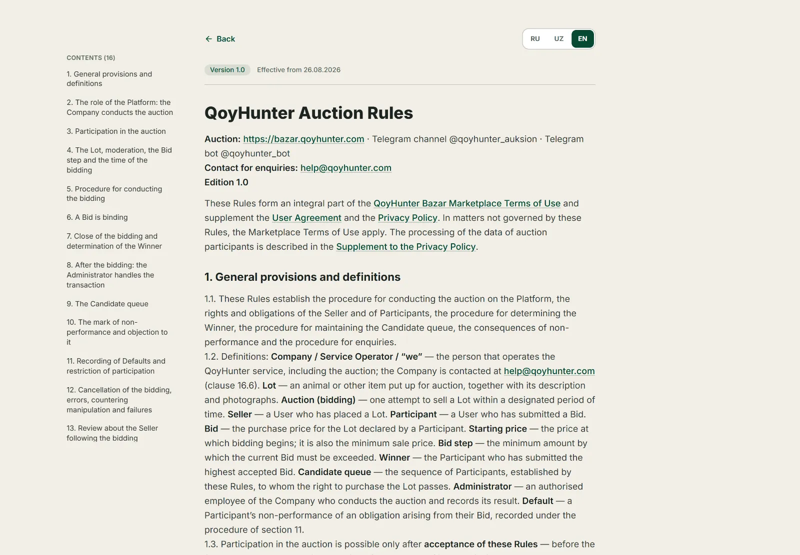The QoyHunter auction rules page: sections on bids, the winner and the candidate queue