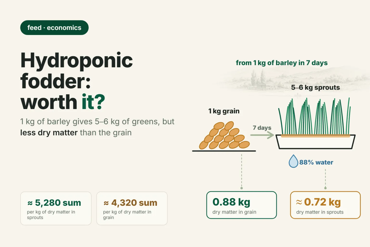 Hydroponic fodder for sheep: does sprouted barley pay off in 2026? A dry matter calculation