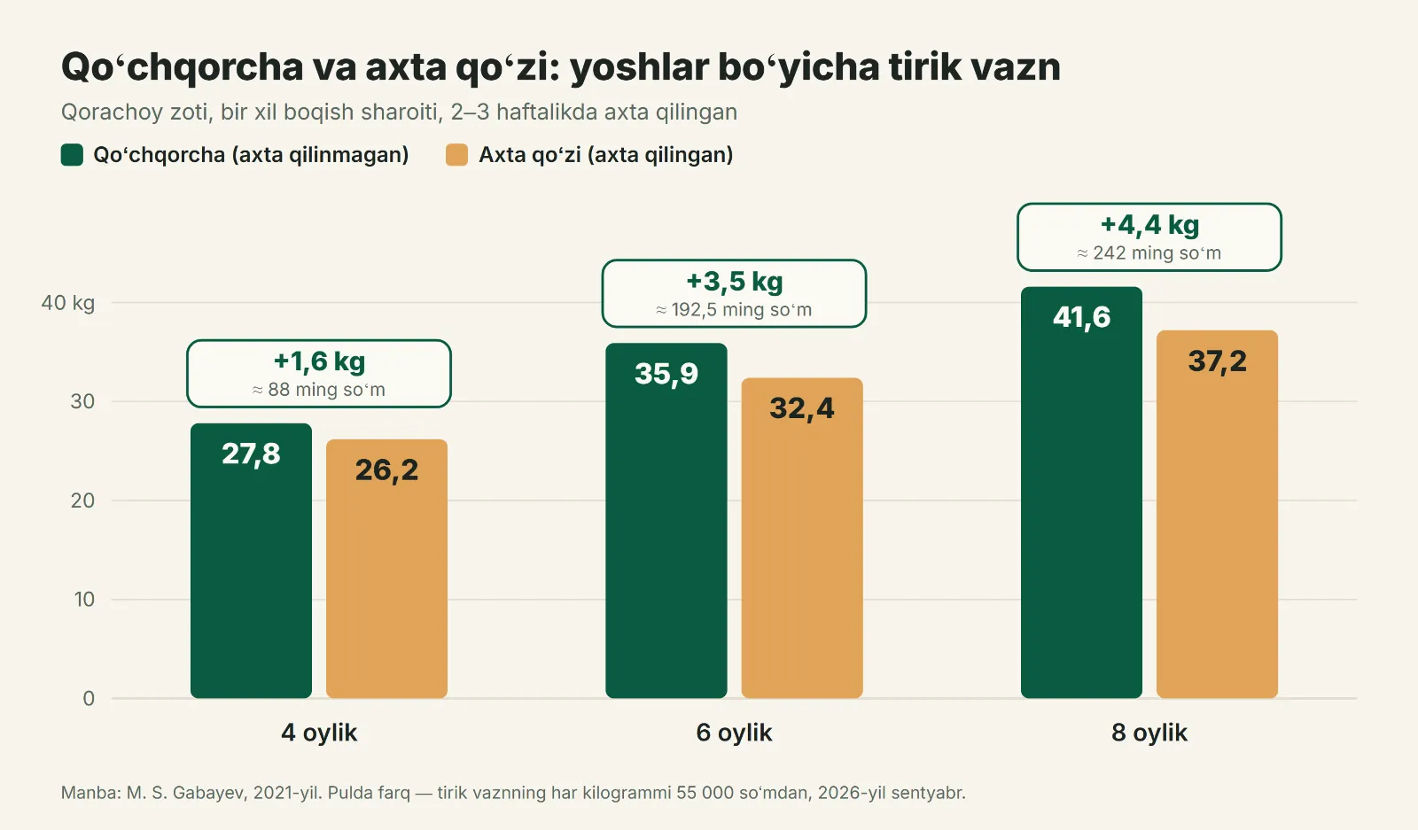 Axta qilinmagan qoʻchqorchalar va axta qoʻzilarning 4, 6 va 8 oylikdagi tirik vazni