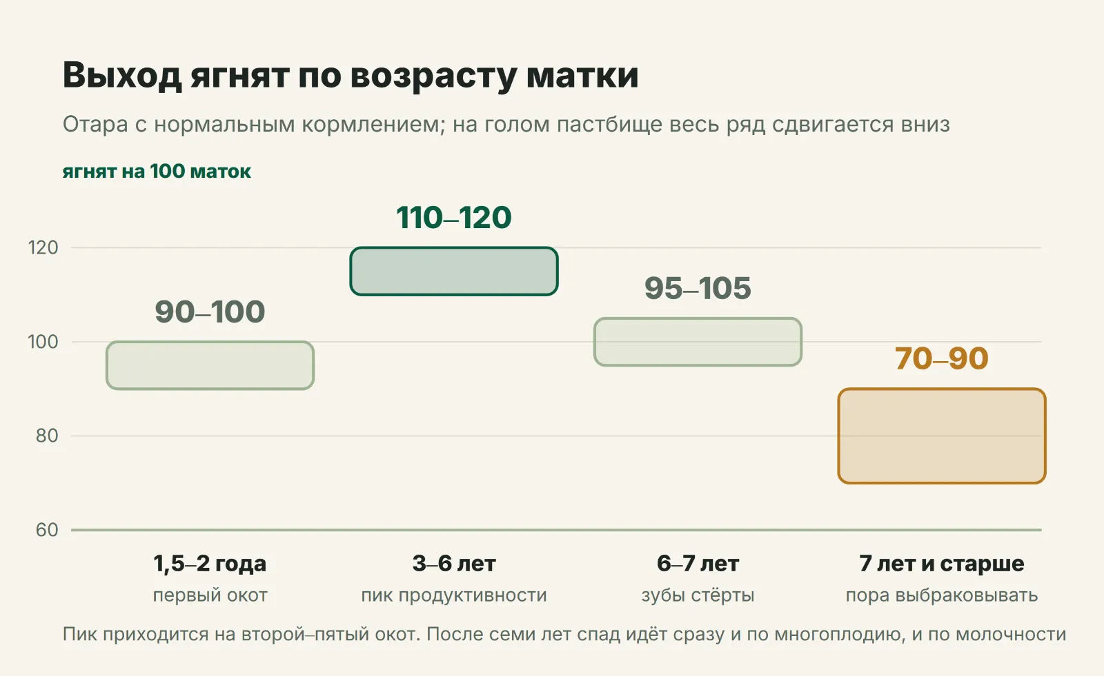 Выход ягнят на 100 маток по возрасту матки