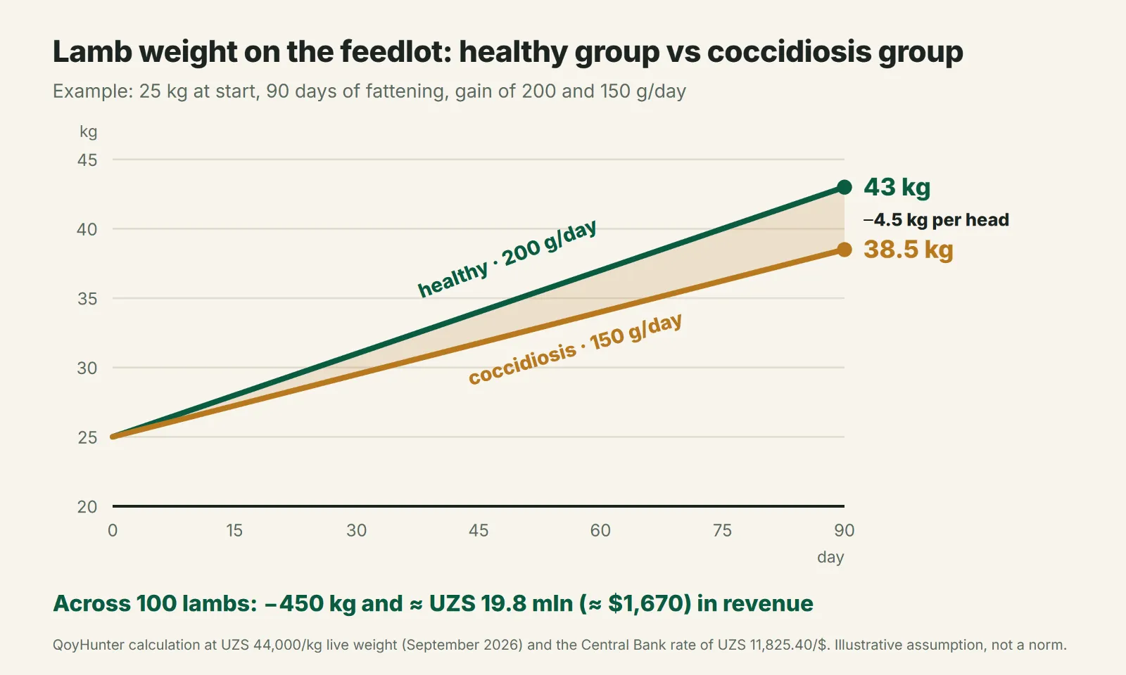 Weight gain of a batch of 100 lambs over 90 days: healthy vs. with coccidiosis