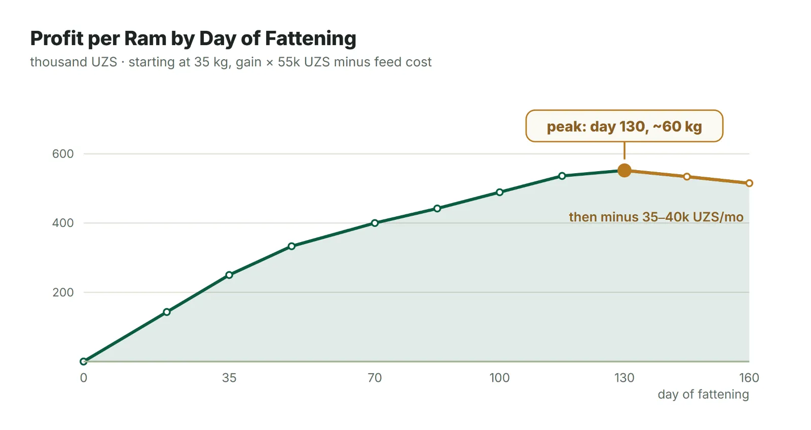 How accumulated profit rises and turns around over the days of fattening