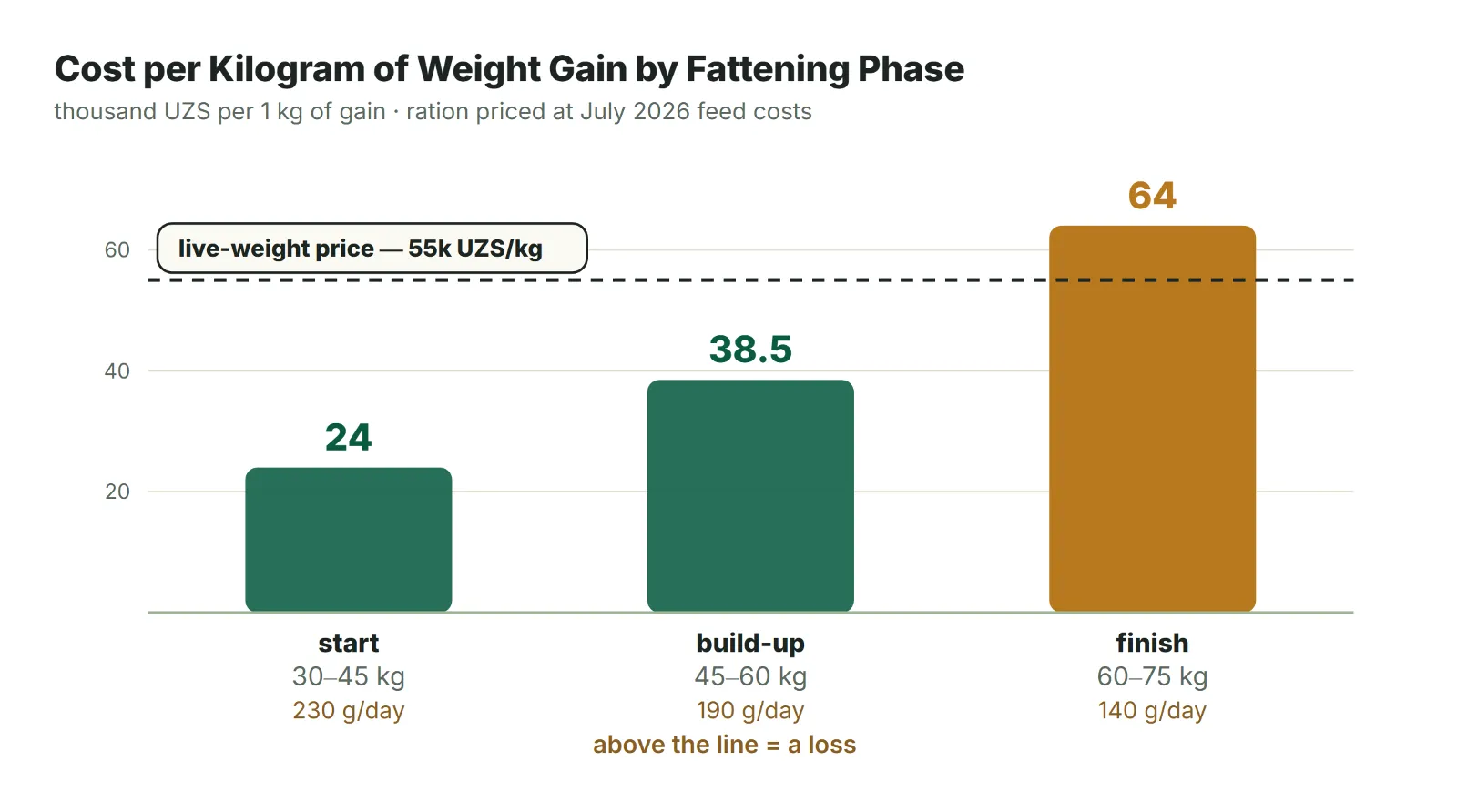 Cost per kilogram of weight gain by fattening phase, versus the live-weight price