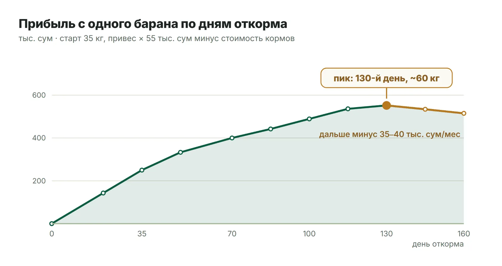 Как накопленная прибыль растёт и разворачивается по дням откорма