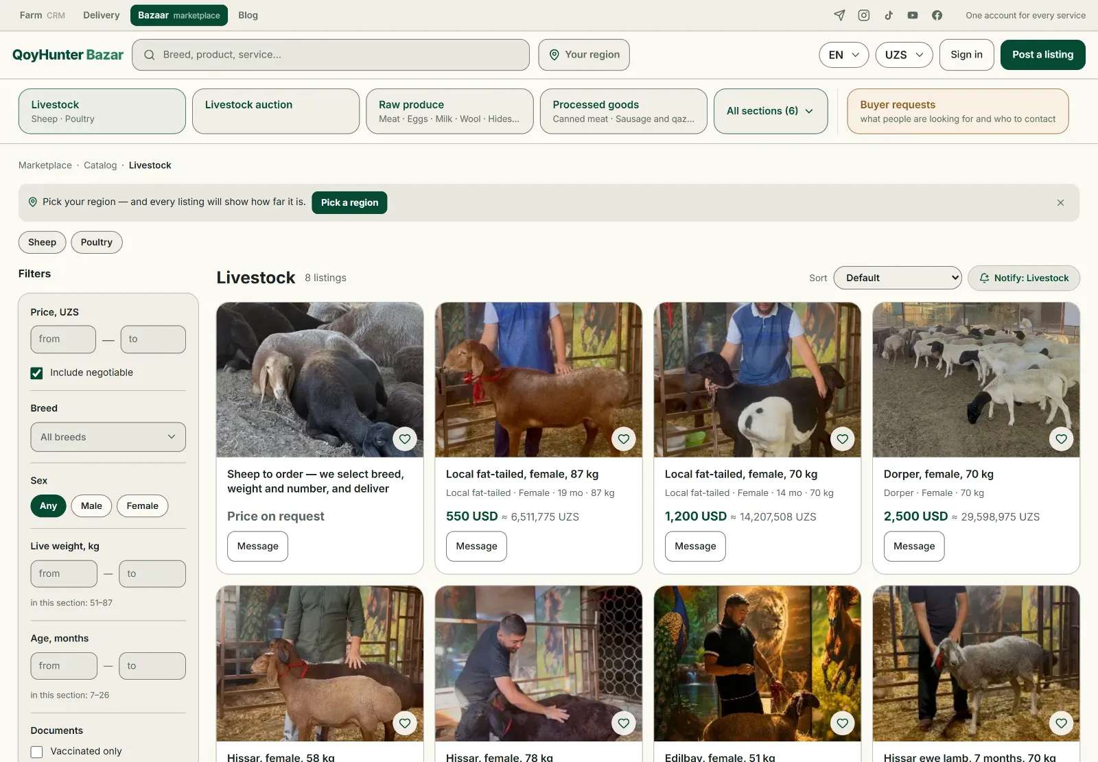 The "Animals" section on the QoyHunter marketplace: listings with breed, weight, and price