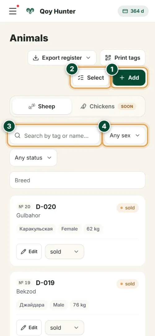Flock list on a phone — you can log events right in the pen