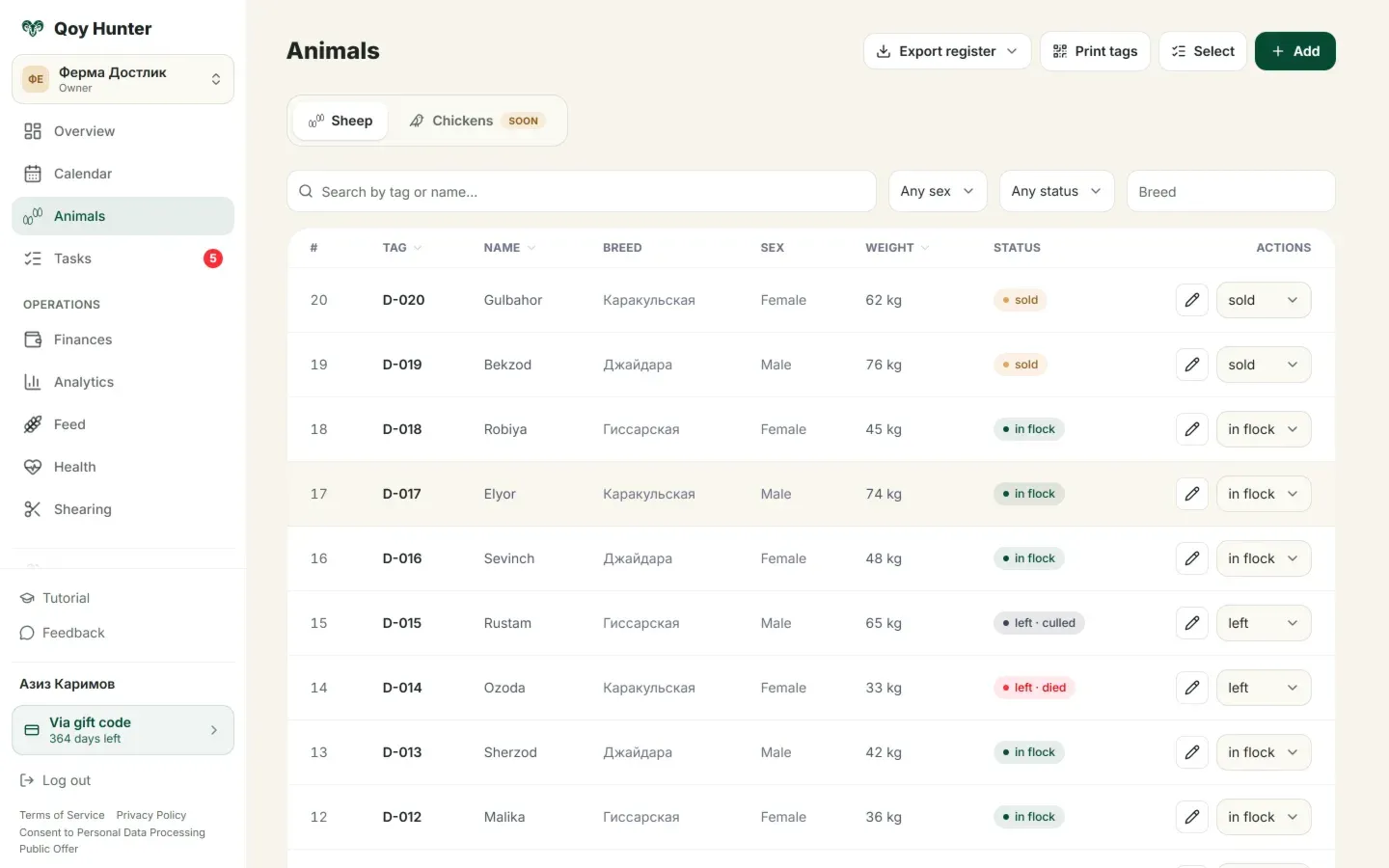 The Animals screen: a list of the whole flock with the tag, weight and status of every animal
