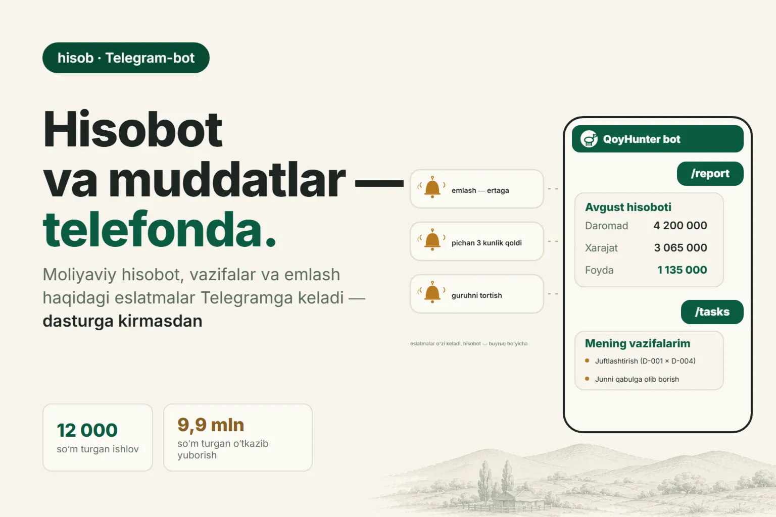 Fermer uchun Telegram-bot: xoʻjalik hisoboti va muddatlar haqidagi eslatmalar toʻgʻridan-toʻgʻri chatda
