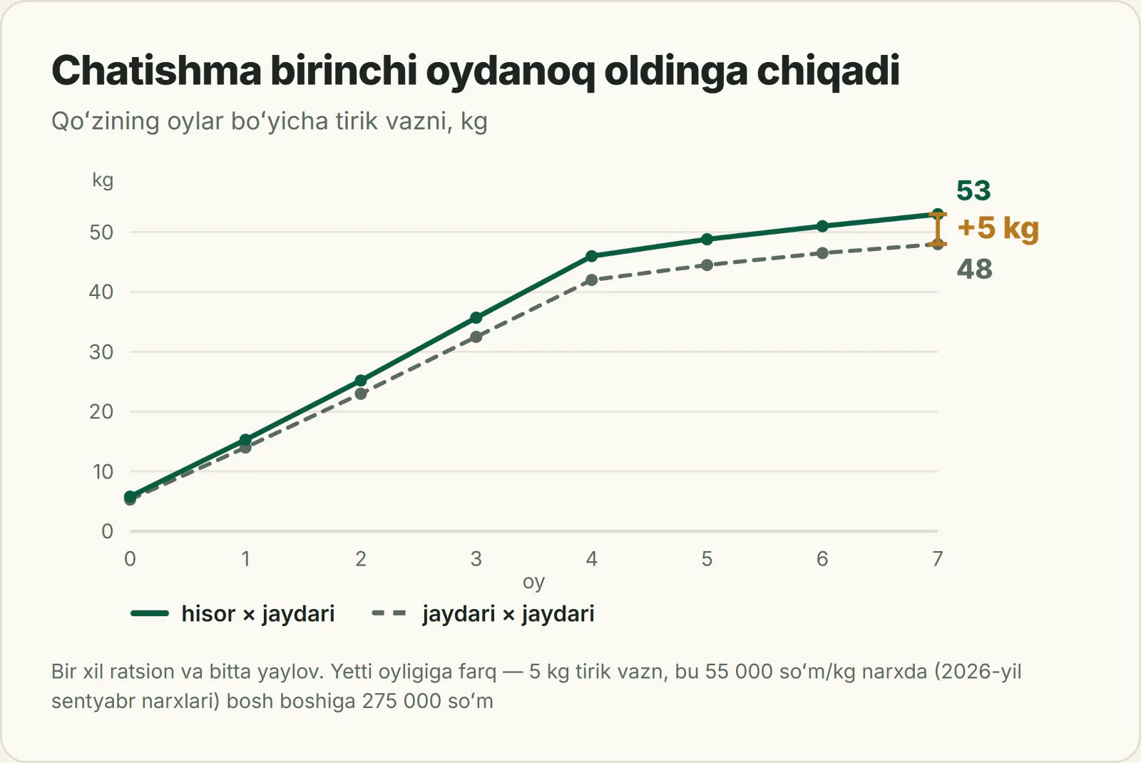 Oylar boʻyicha qoʻzi tirik vazni grafigi: hisor × jaydari chatishmasi toza zotli jaydaraga qarshi