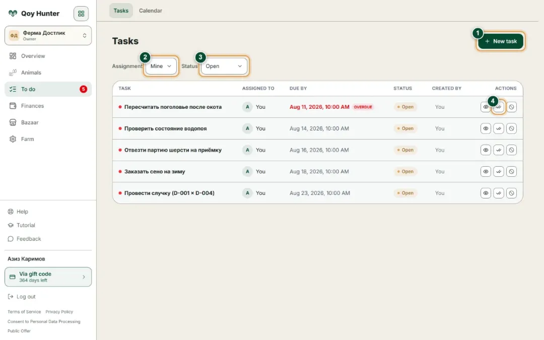 Farm task list: job, assignee, due date and status, overdue jobs highlighted