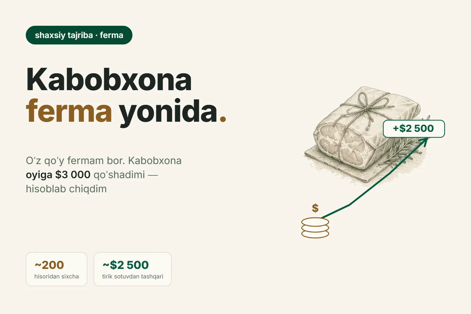 Oʻz fermam yonidagi kabobxona: oyiga $3 000 chiqar-chiqmasligini hisoblayapman