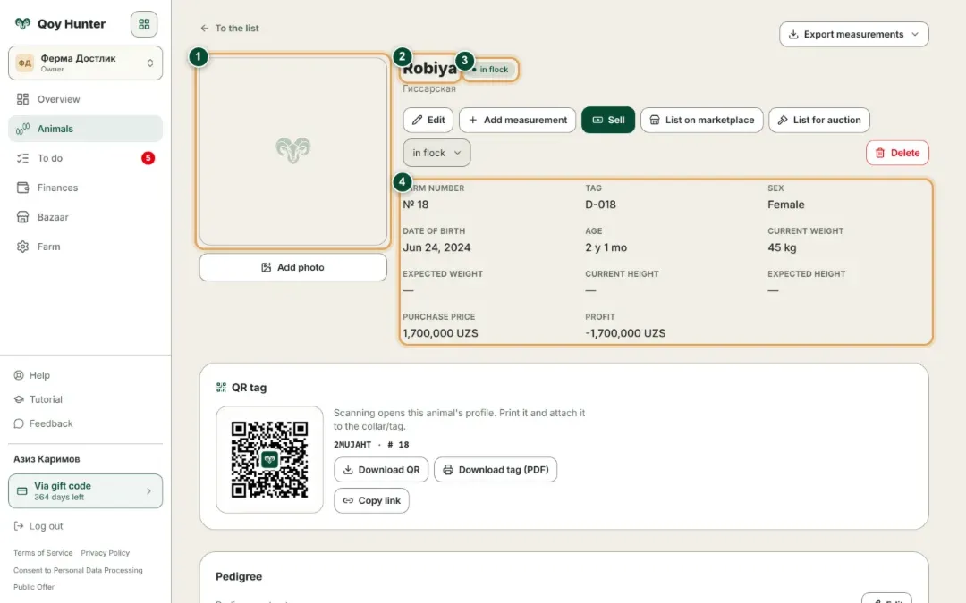 Animal card header: tag, sex, age, weight, purchase price and profit