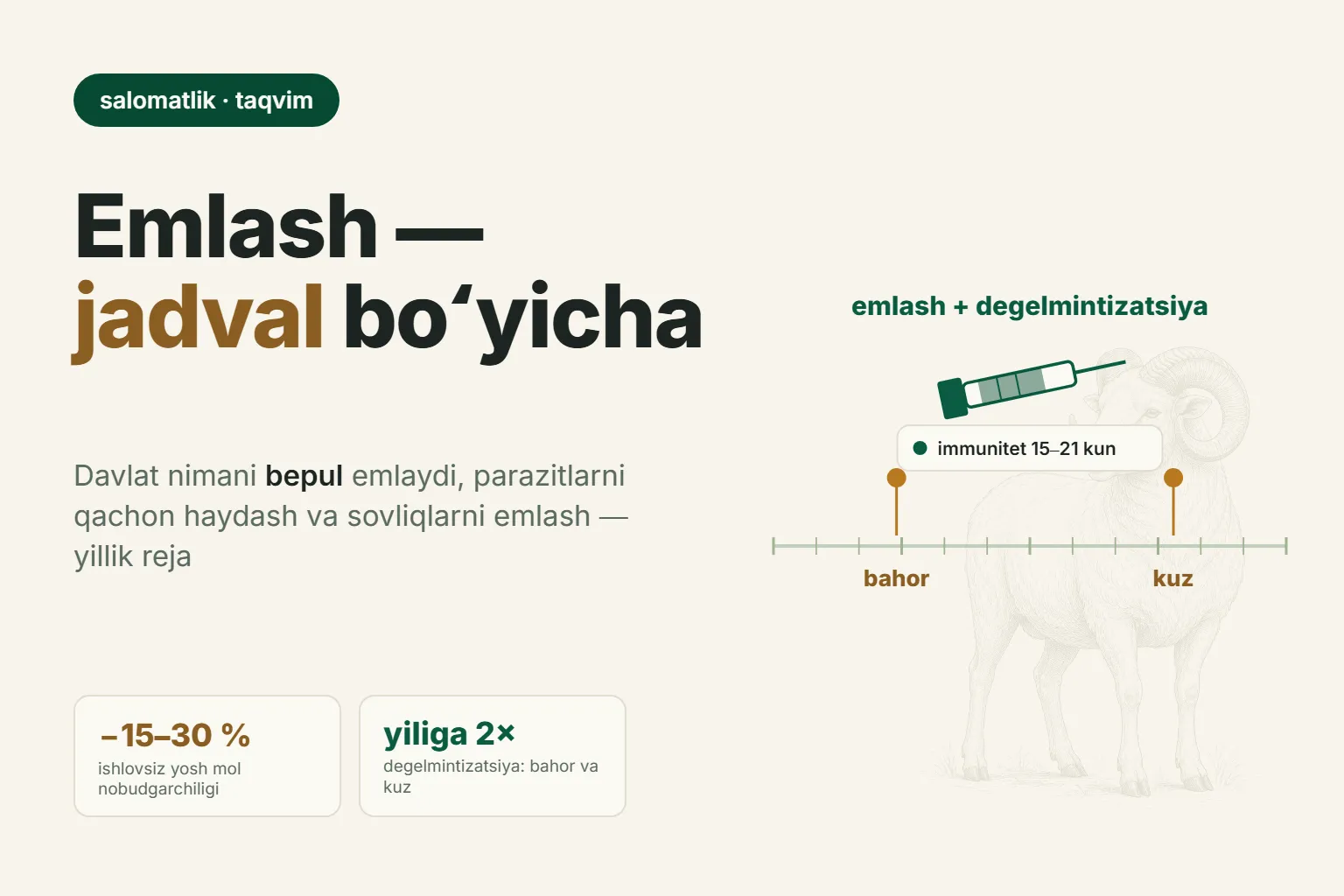 Qoʻylarni emlash taqvimi: oylar boʻyicha vaksinatsiya va degelmintizatsiya jadvali