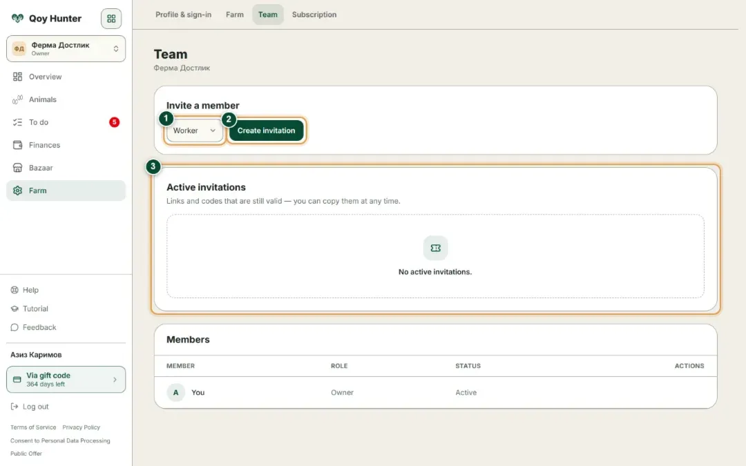 The Team screen: picking a member's role, creating an invitation, and the list of active invitations