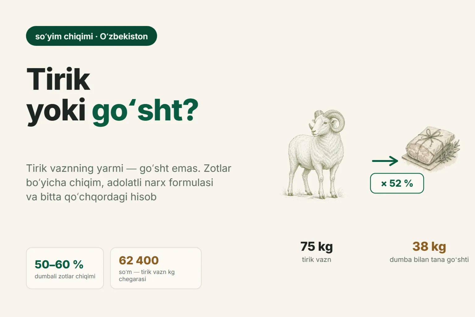 Qoʻchqorning soʻyim chiqimi: tirik vazndan qancha goʻsht chiqadi va nima foydali — tirik sotish yoki soʻyib, tana holida sotish