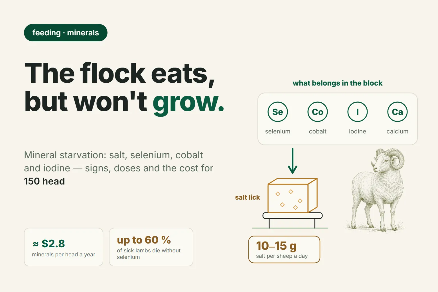 Mineral Supplements for Sheep: Salt Lick, Selenium, Cobalt — Deficiency Signs, Doses and Cost