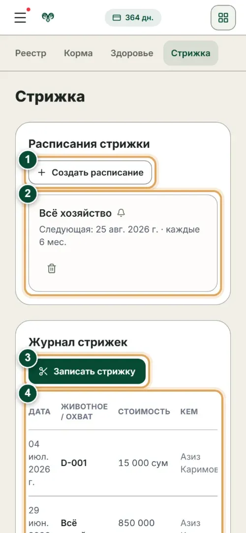Расписание и журнал стрижек в приложении на телефоне