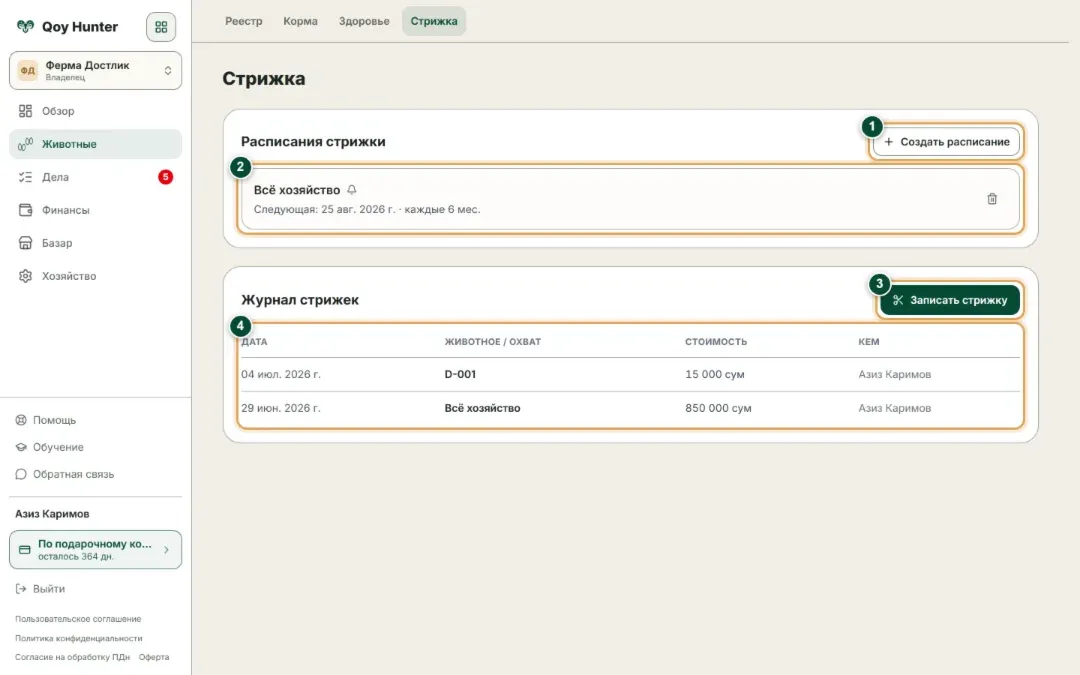 Экран «Стрижка»: расписание с датой следующей стрижки и журнал стрижек с датой, охватом, стоимостью и исполнителем