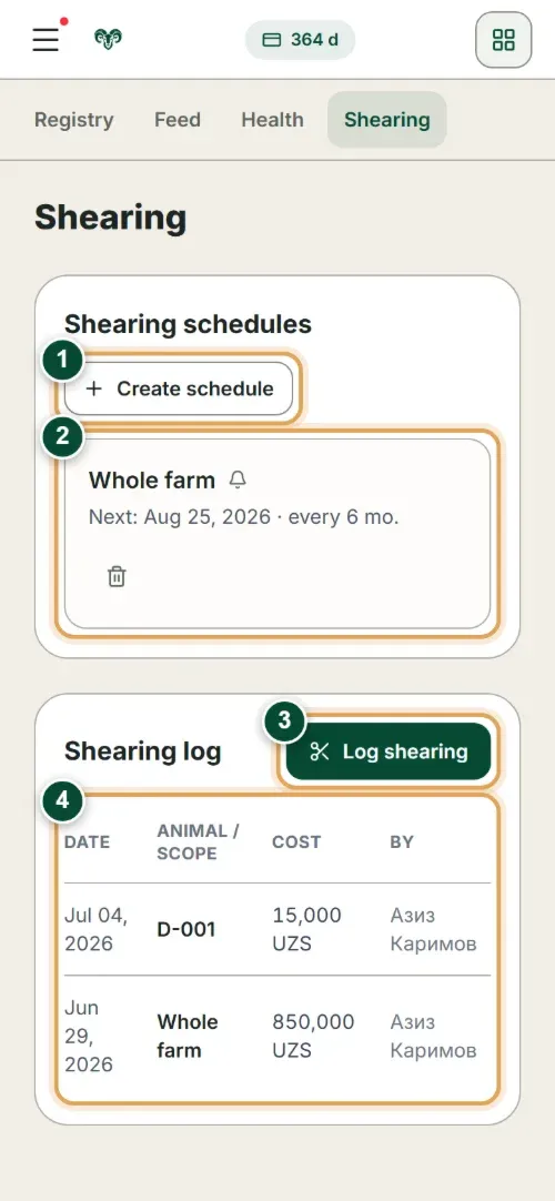 The shearing schedule and log in the phone app