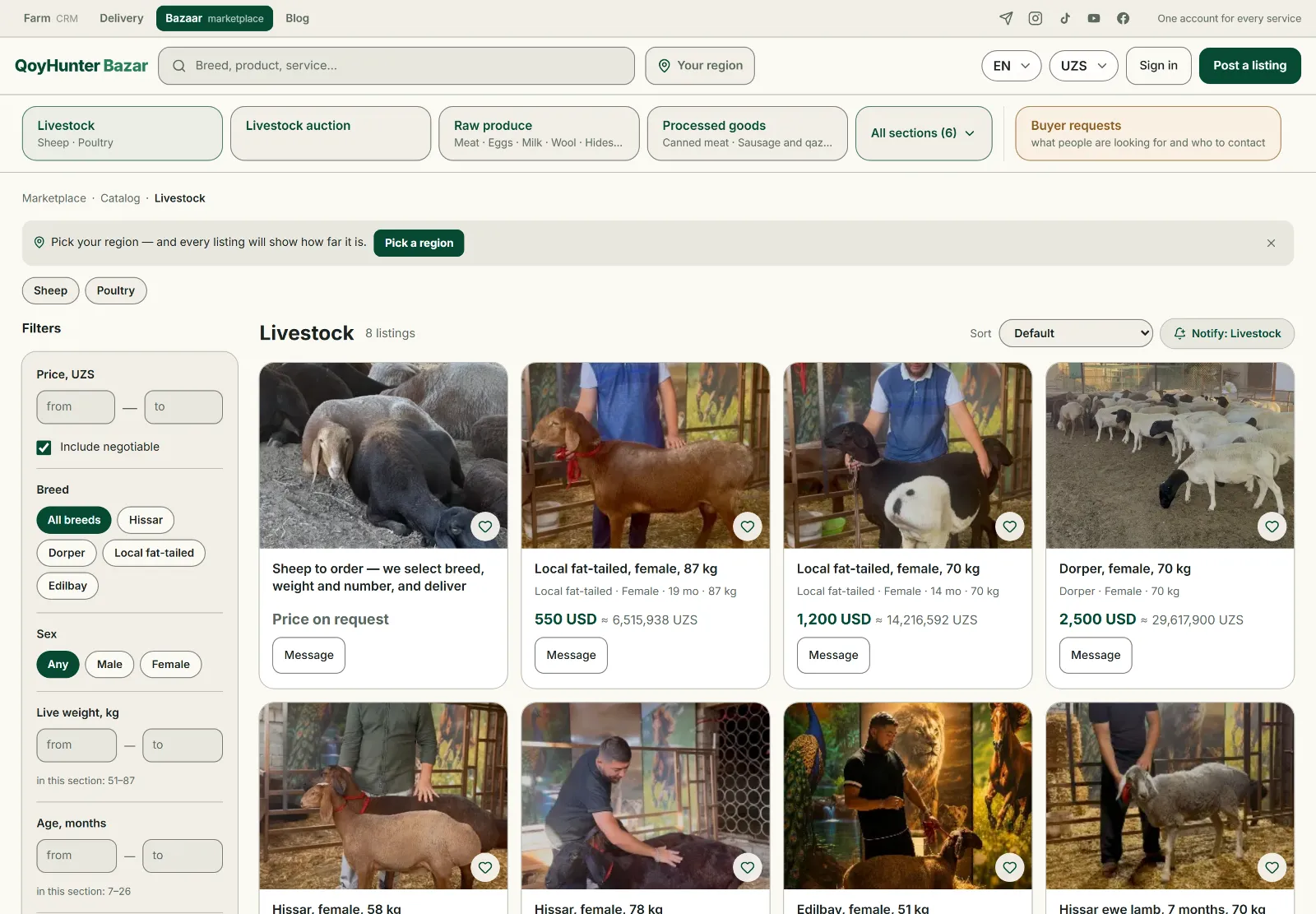 The "Animals" section on the QoyHunter marketplace: filters by breed, sex, live weight, and age